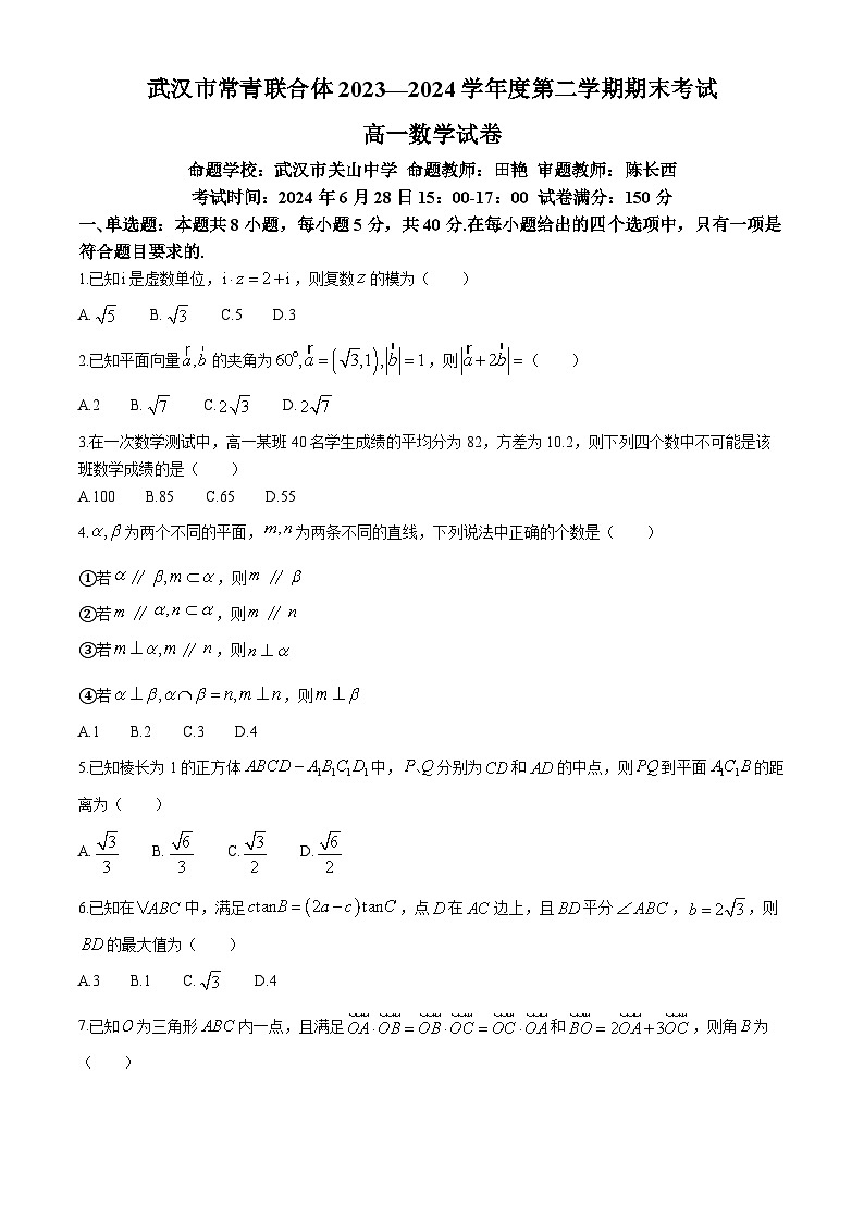 湖北省武汉市常青联合体2023-2024学年高一下学期期末考试数学试卷（Word版附答案）01
