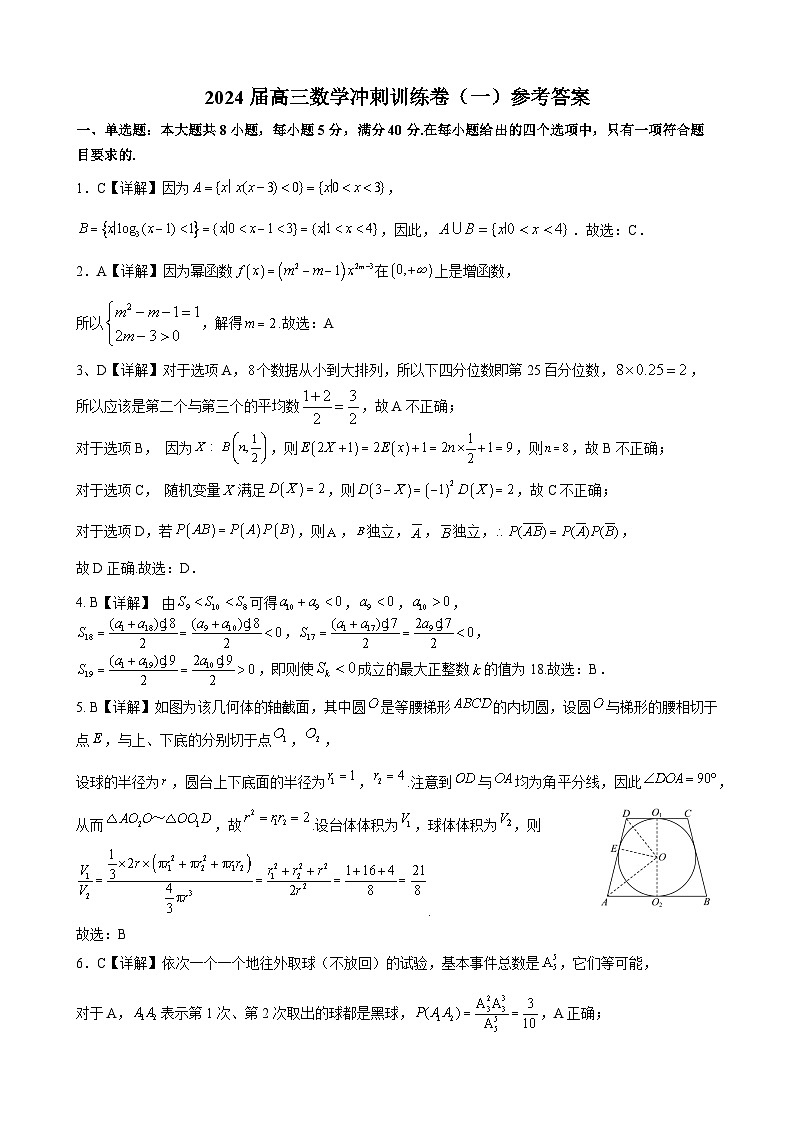 2024届高三数学冲刺训练卷（一）参考答案(定稿)第1页