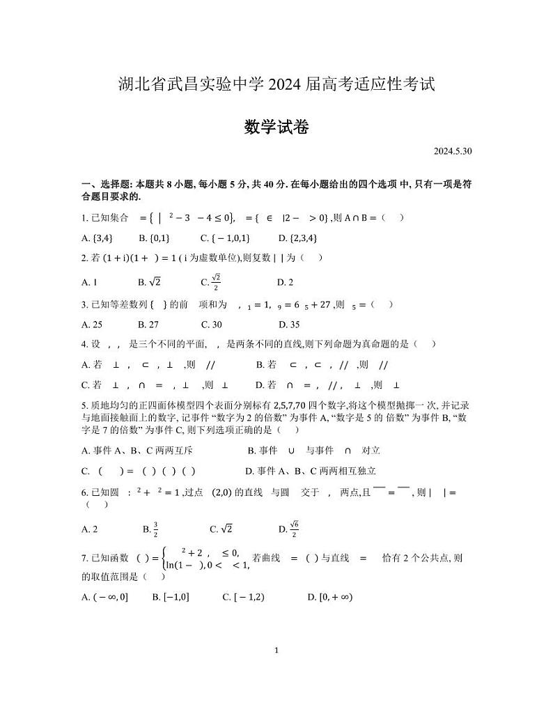 湖北省武昌实验中学2024届高三下学期适应性考试数学试卷第1页