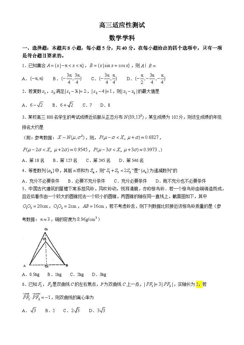 江苏省姜堰中学2024届高三适应性考试数学试卷(无答案)01