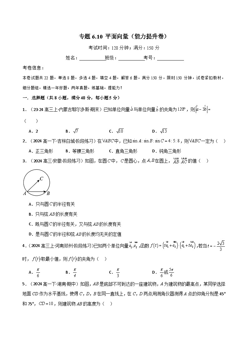 2024-2025 学年高中数学人教A版必修一专题6.10 平面向量（能力提升卷）01