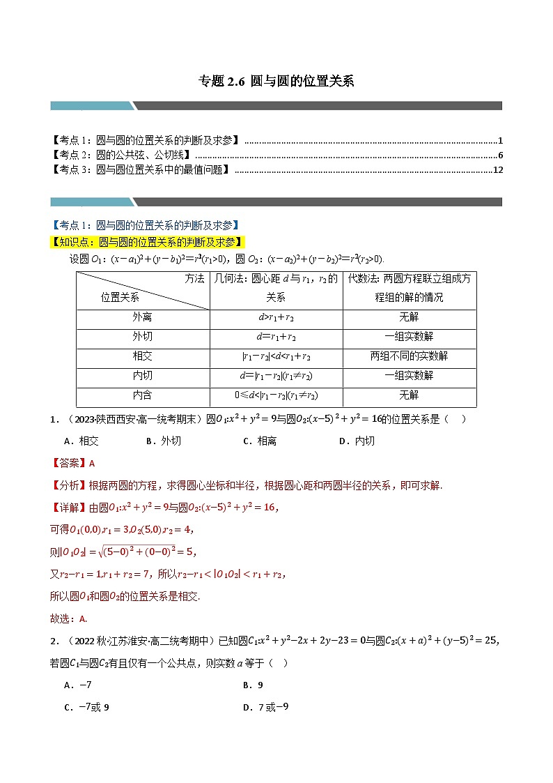 2024-2025 学年高中数学人教A版选择性必修一专题2.6 圆与圆的位置关系（3类必考点）01