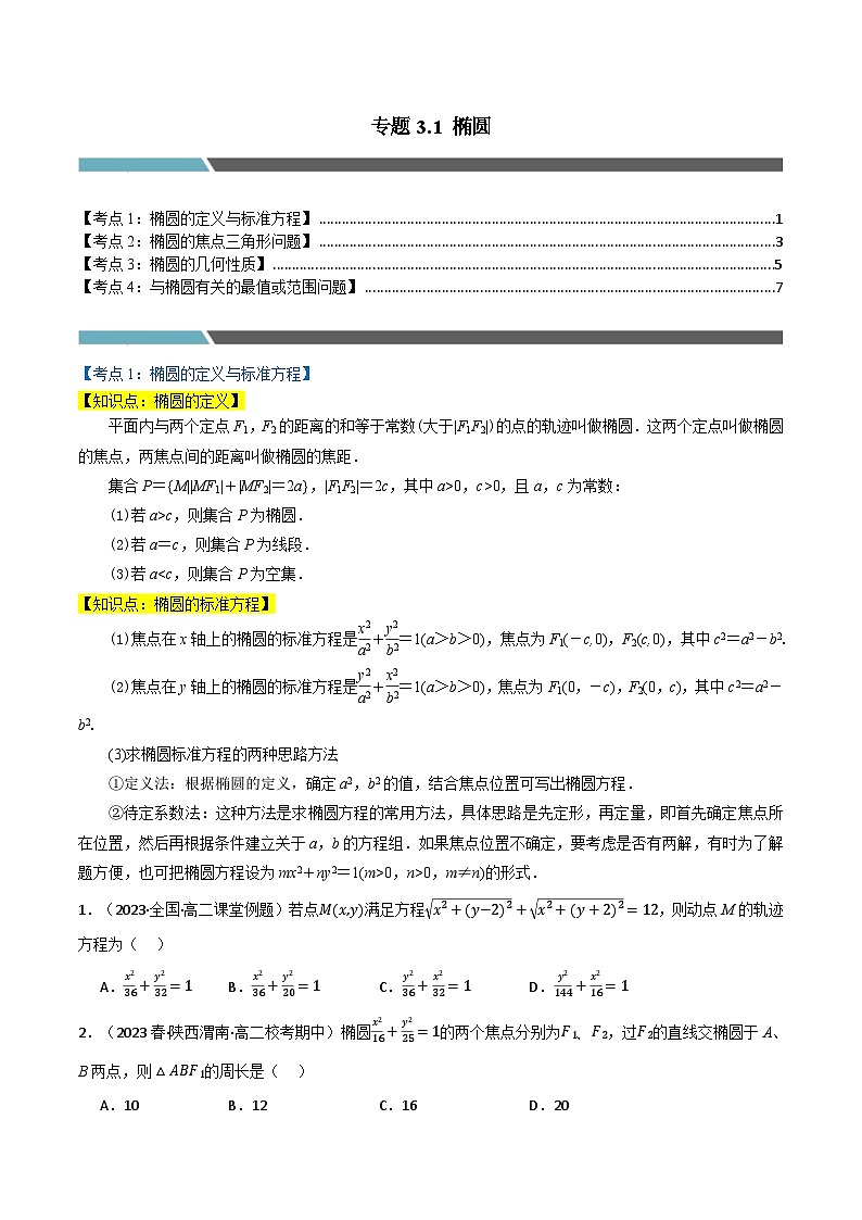 2024-2025 学年高中数学人教A版选择性必修一专题3.1 椭圆（4类必考点）01