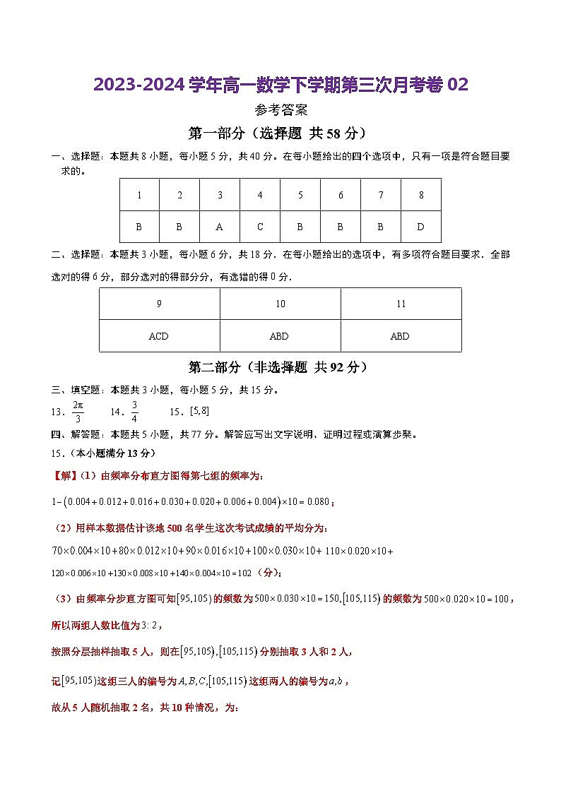 2023-2024学年高中下学期期末高一数学期末卷02（参考答案）（人教A版2019）第1页