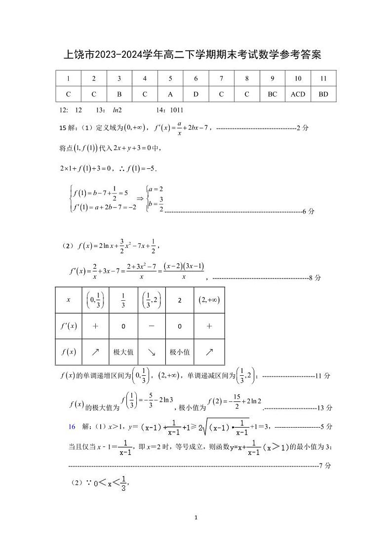 江西省上饶市2023-2024学年高二下学期期末教学质量检测 数学试题01