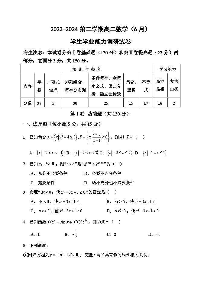 天津市静海区2023-2024学年高二下学期6月学业能力调研 数学试题第1页