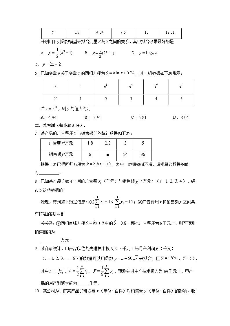 湘教版新教材数学高二选择性必修第二册 4.1 成对数据的统计相关性 4.2 一元线性回归模型 练习02