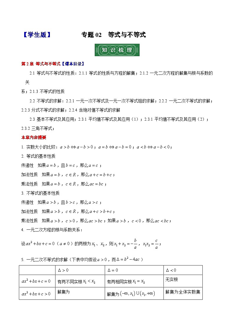 专题02  等式与不等式（原卷版+解析版）2023-2024学年高一数学上学期期末复习课·专题（上海专用 沪教版2020必修第一册）01