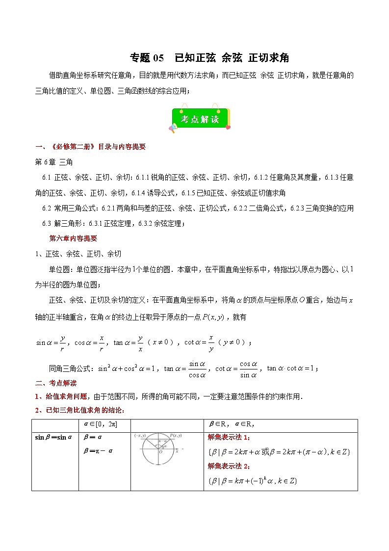 专题05 已知正弦 余弦 正切求角（原卷版+解析版）2023-2024学年高一数学期末复习重点题型方法与技巧（沪教版2020必修第二册）01
