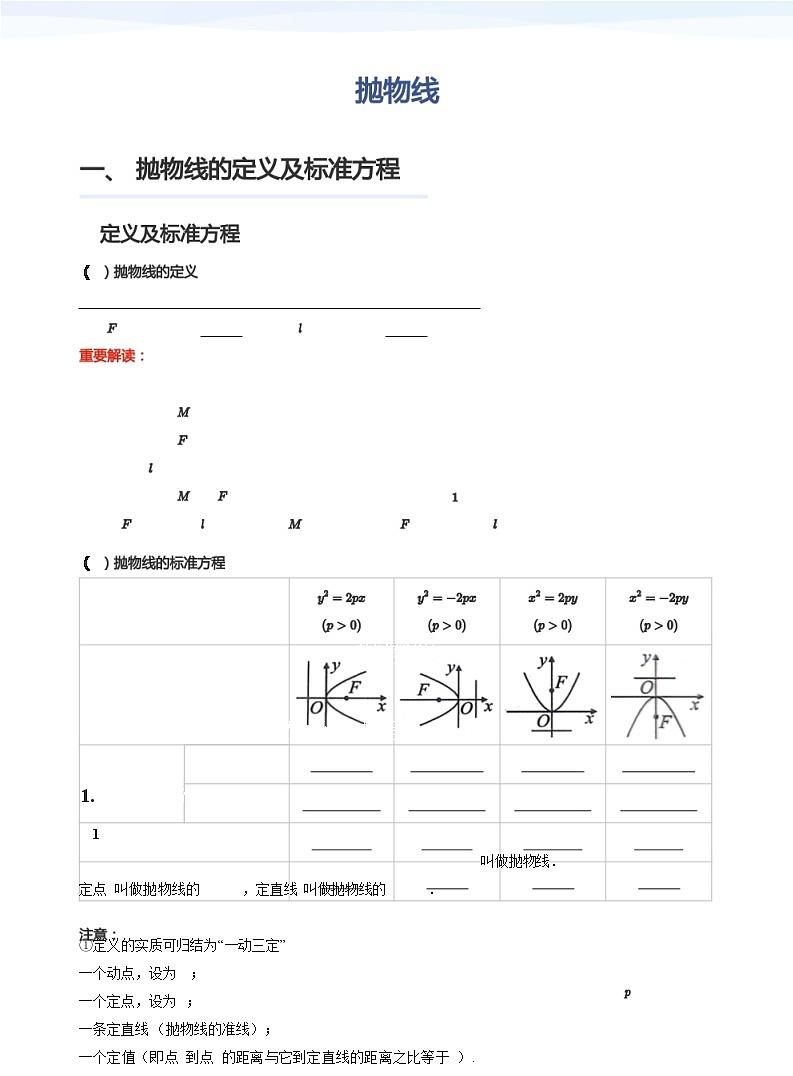人教A版（2019）高中数学选修一讲义12抛物线01