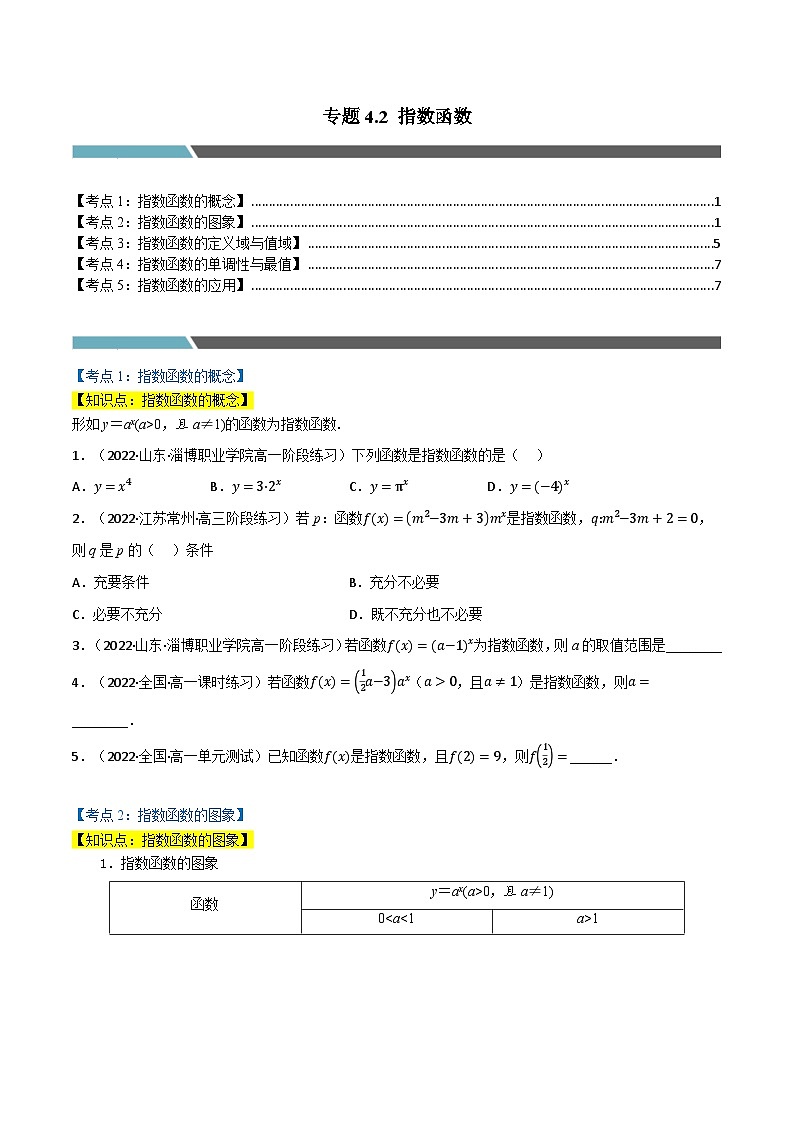 高一数学必考点分类集训(人教A版必修第一册)专题4.2指数函数(5类必考点)(原卷版+解析)01