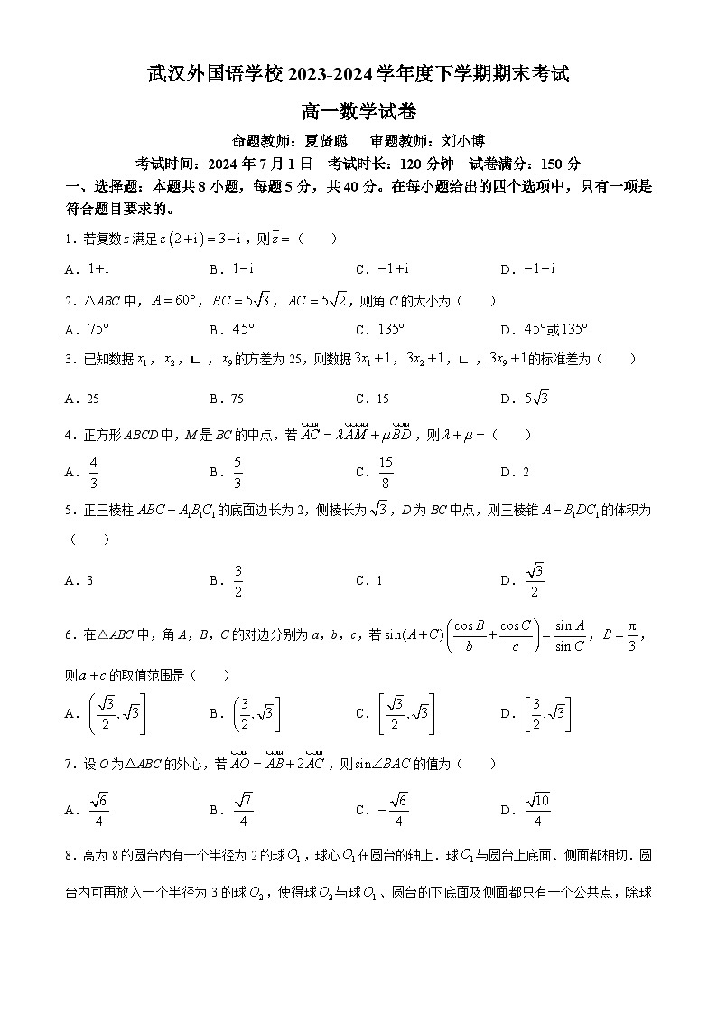 湖北省武汉外国语学校2023-2024学年高一下学期期末考试数学试卷(无答案)01