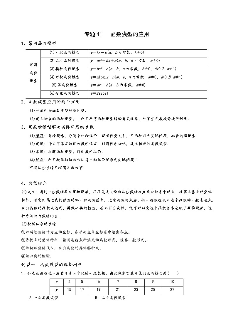 高一数学同步备好课之题型全归纳(人教A版必修第一册)专题41函数模型的应用(原卷版+解析)第1页