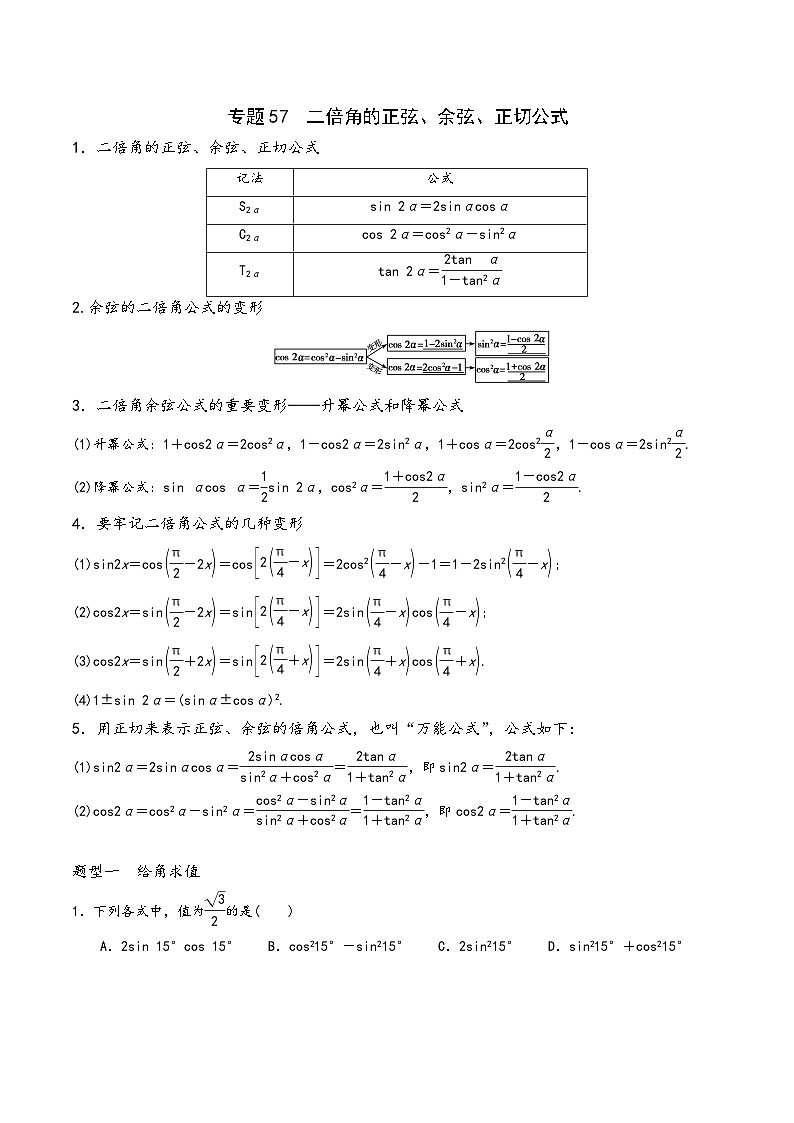 高一数学同步备好课之题型全归纳(人教A版必修第一册)专题57二倍角的正弦、余弦、正切公式(原卷版+解析)第1页