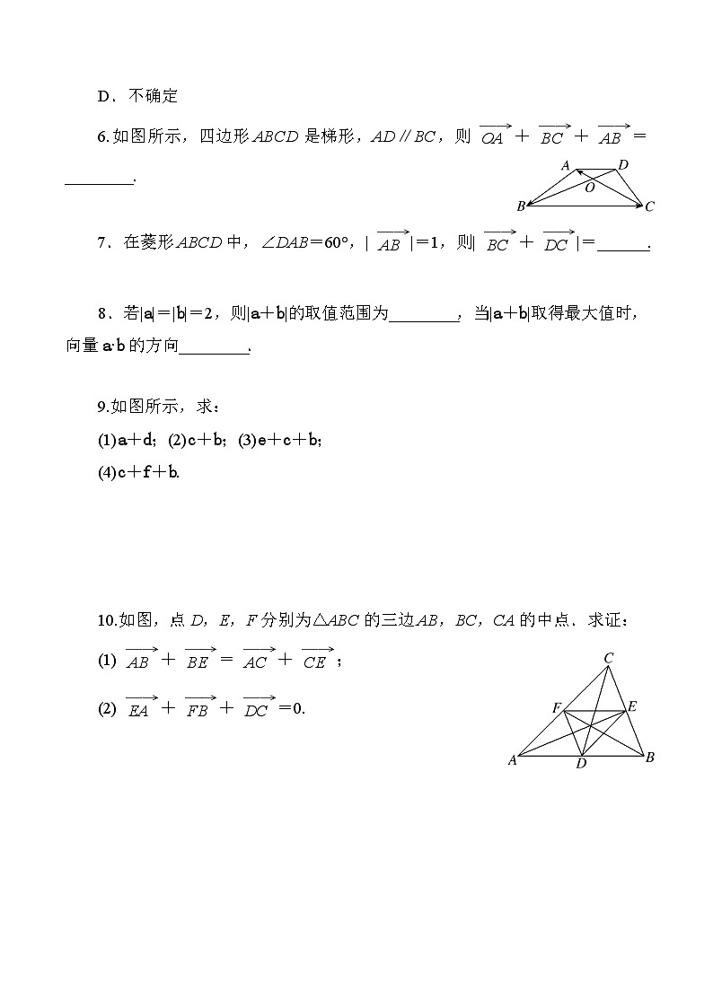 高一数学同步课时作业(人教A版2019必修第二册)6.2.1向量的加法运算同步课时作业(原卷版+解析)02