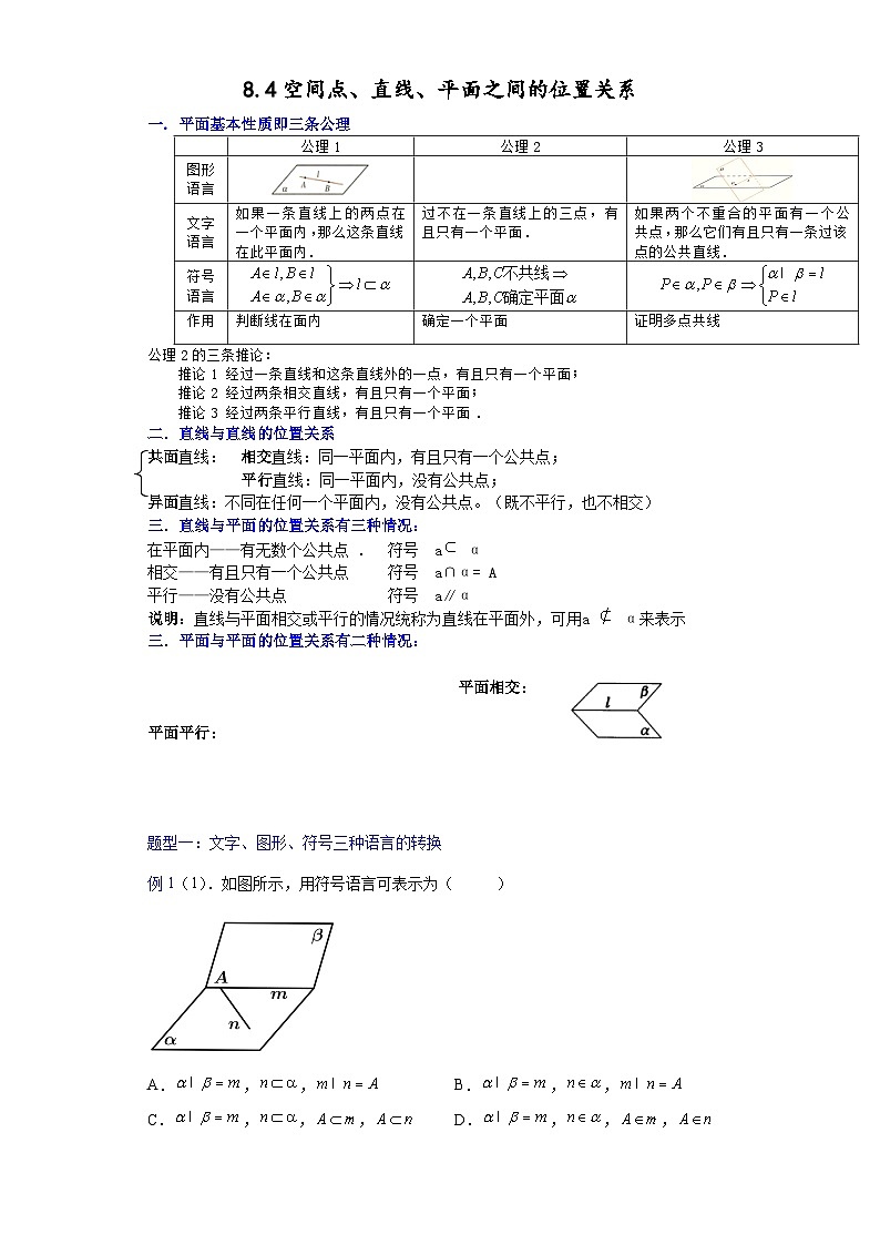 高一数学课堂抄重点讲义(人教A版2019必修第二册)8.4空间点、直线、平面之间的位置关系(讲义+例题+小练)(原卷版+解析)01