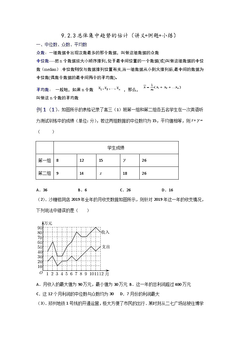 高一数学课堂抄重点讲义(人教A版2019必修第二册)9.2.3总体集中趋势的估计(讲义+例题+小练)(原卷版+解析)第1页