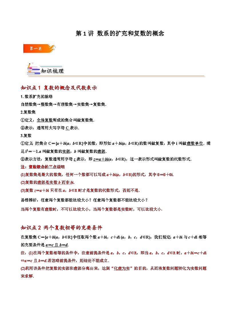 高一数学下学期考点精讲+精练(人教A版2019必修第二册)第01讲数系的扩充和复数的概念(原卷版+解析)01