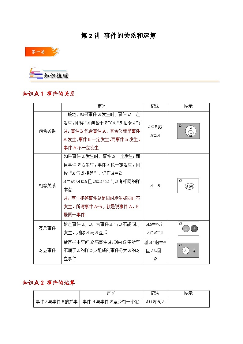 高一数学下学期考点精讲+精练(人教A版2019必修第二册)第02讲事件的关系和运算(原卷版+解析)01