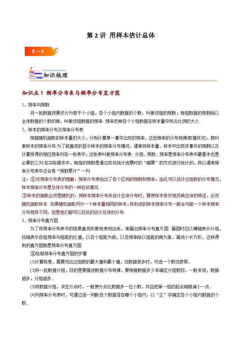 高一数学下学期考点精讲+精练(人教A版2019必修第二册)第02讲用样本估计总体第1页