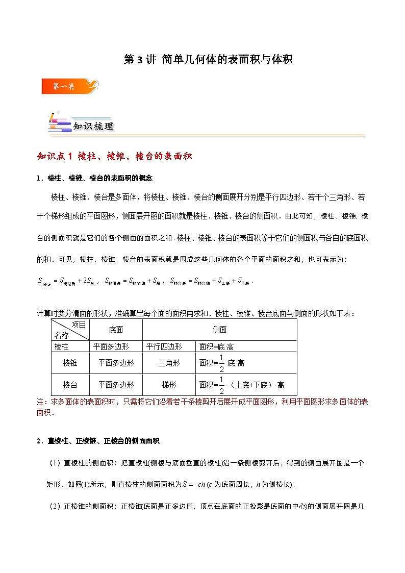 高一数学下学期考点精讲+精练(人教A版2019必修第二册)第03讲简单几何体的表面积与体积(原卷版+解析)第1页