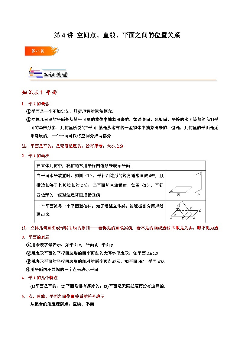 高一数学下学期考点精讲+精练(人教A版2019必修第二册)第04讲空间点、直线、平面之间的位置关系(原卷版+解析)01