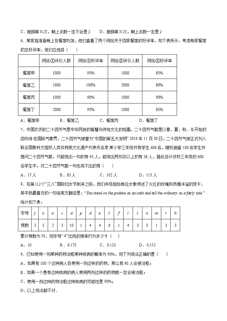 高一数学下学期考点精讲+精练(人教A版2019必修第二册)第06练频率与概率(原卷版+解析)02