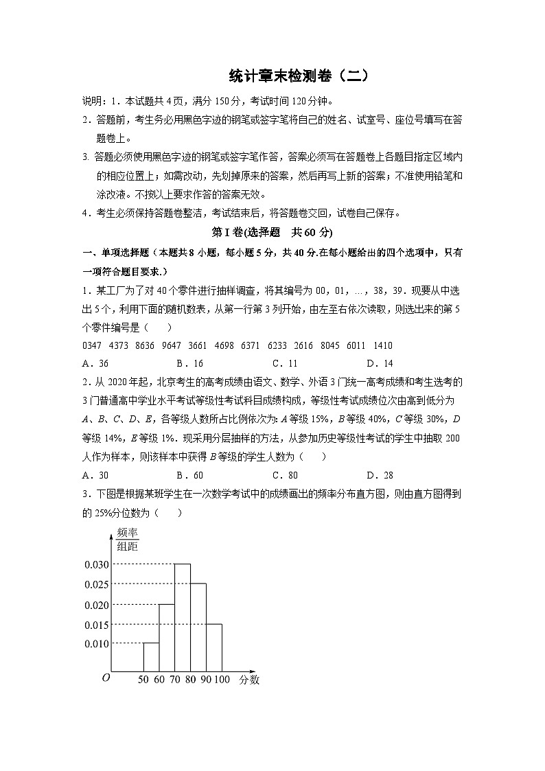 高一数学下学期考点精讲+精练(人教A版2019必修第二册)第九章统计章末检测卷(二)(原卷版+解析)01