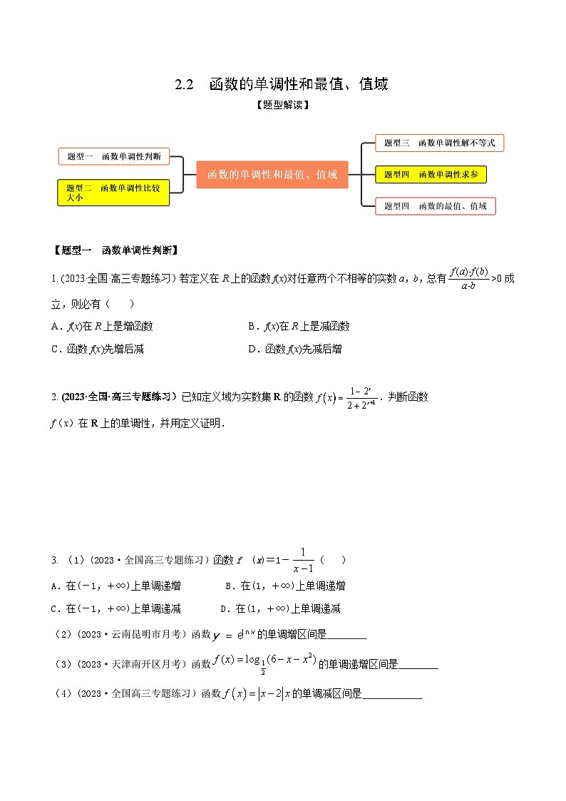 高考数学大一轮复习精讲精练(新高考地区)2.2函数的单调性和最值、值域(精练)(原卷版+解析)01