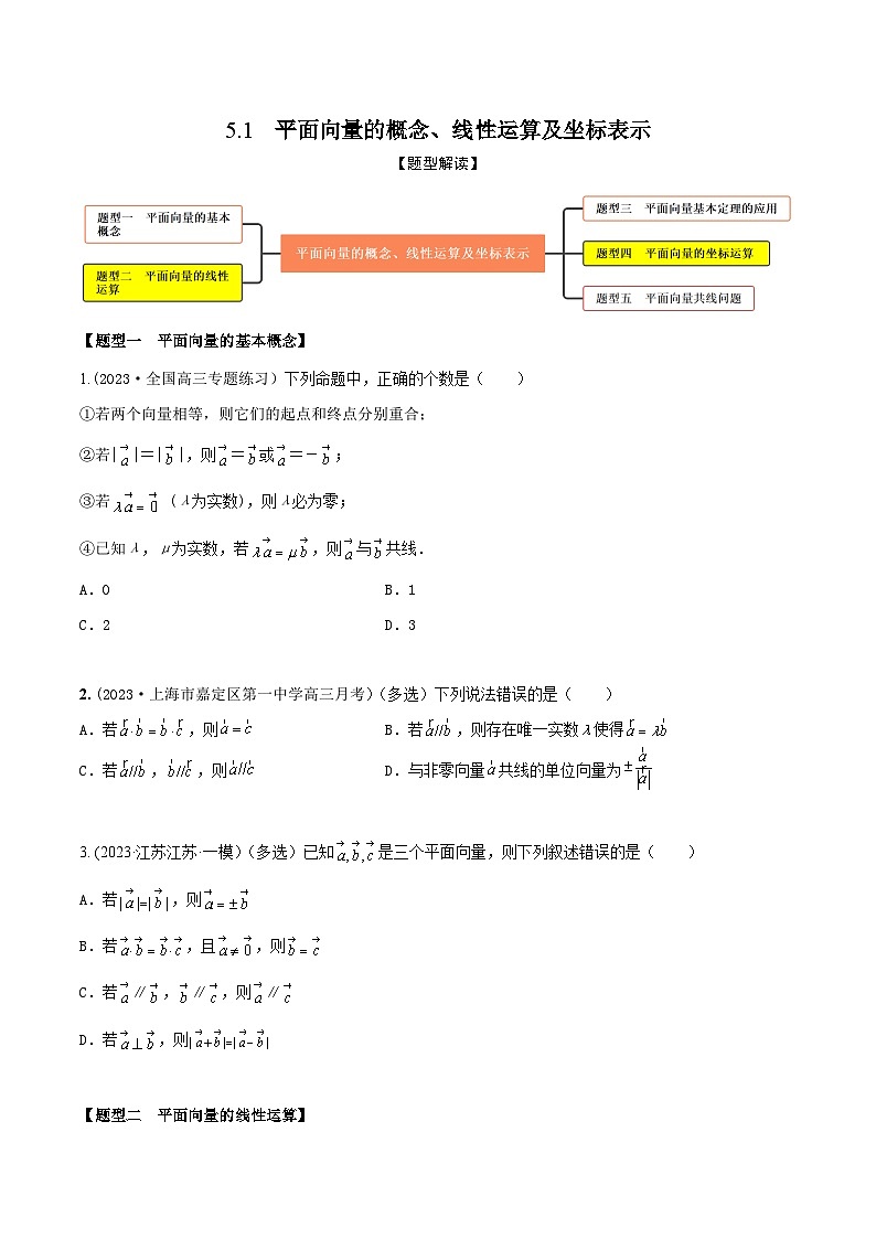 高考数学大一轮复习精讲精练(新高考地区)5.1平面向量的概念、线性运算及坐标表示(精练)(原卷版+解析)01