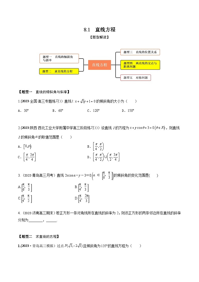 高考数学大一轮复习精讲精练(新高考地区)8.1直线方程(精练)(原卷版+解析)01