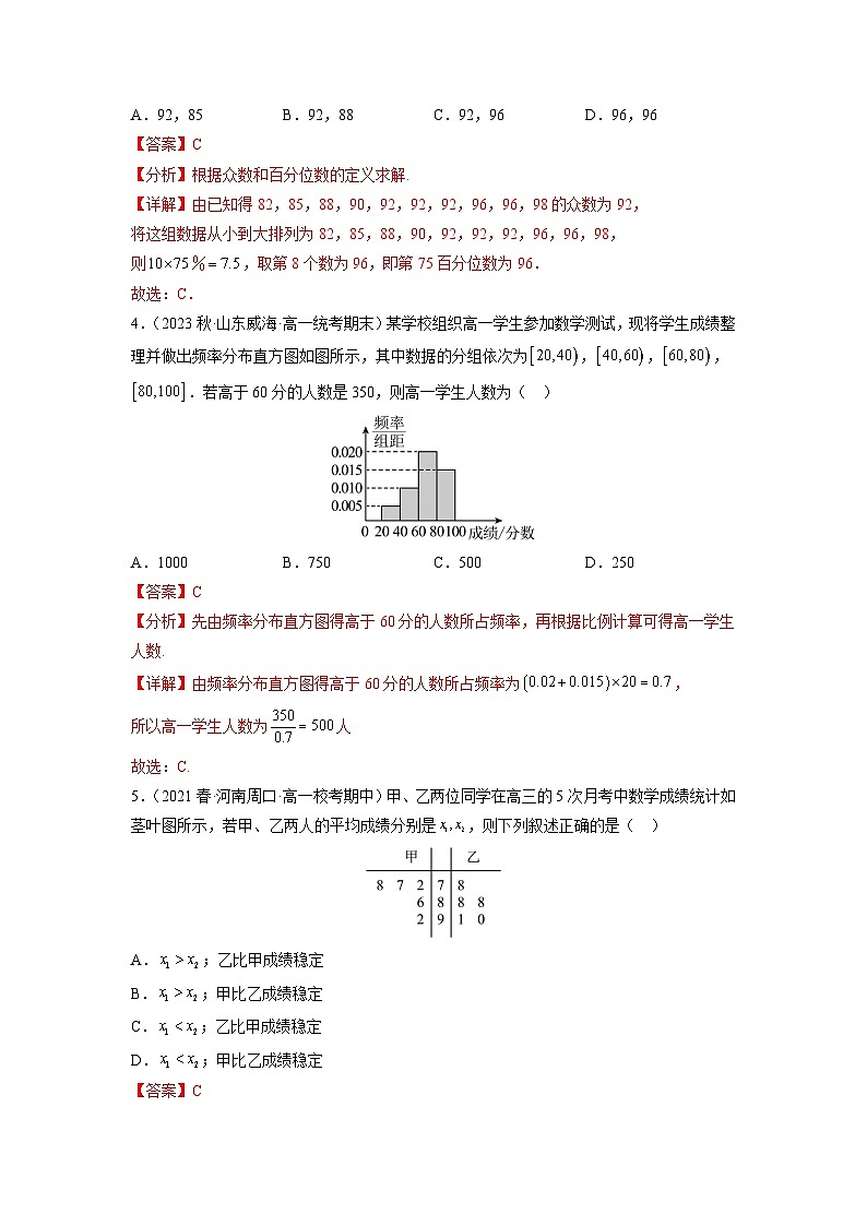 苏教版数学高一必修第二册 14.4 用样本估计总体 分层练习02