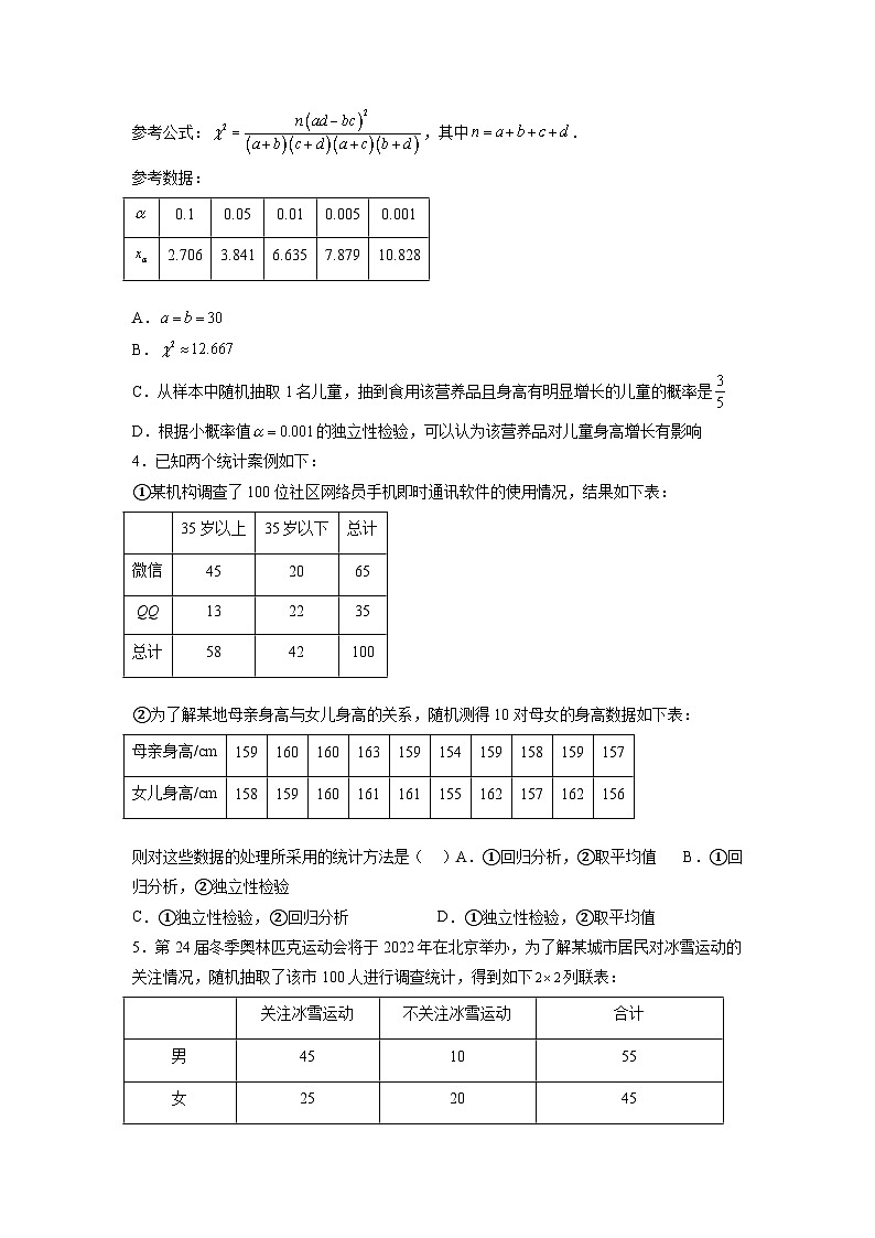 苏教版数学高二选择性必修第二册 9.2 独立性检验 练习02