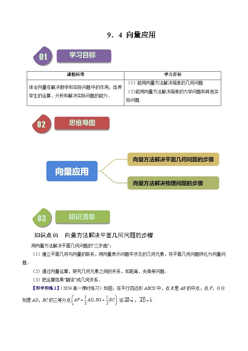 9.4 向量应用（四大题型）练习 高中数学苏教版必修二01
