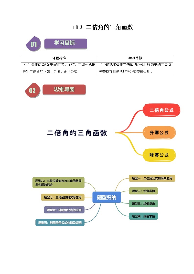 10.2 二倍角的三角函数（八大题型）练习 高中数学苏教版必修二01
