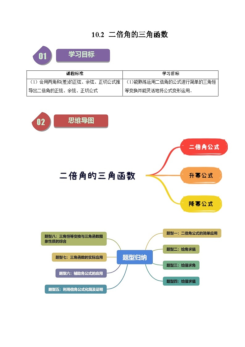 10.2 二倍角的三角函数（八大题型）练习 高中数学苏教版必修二01