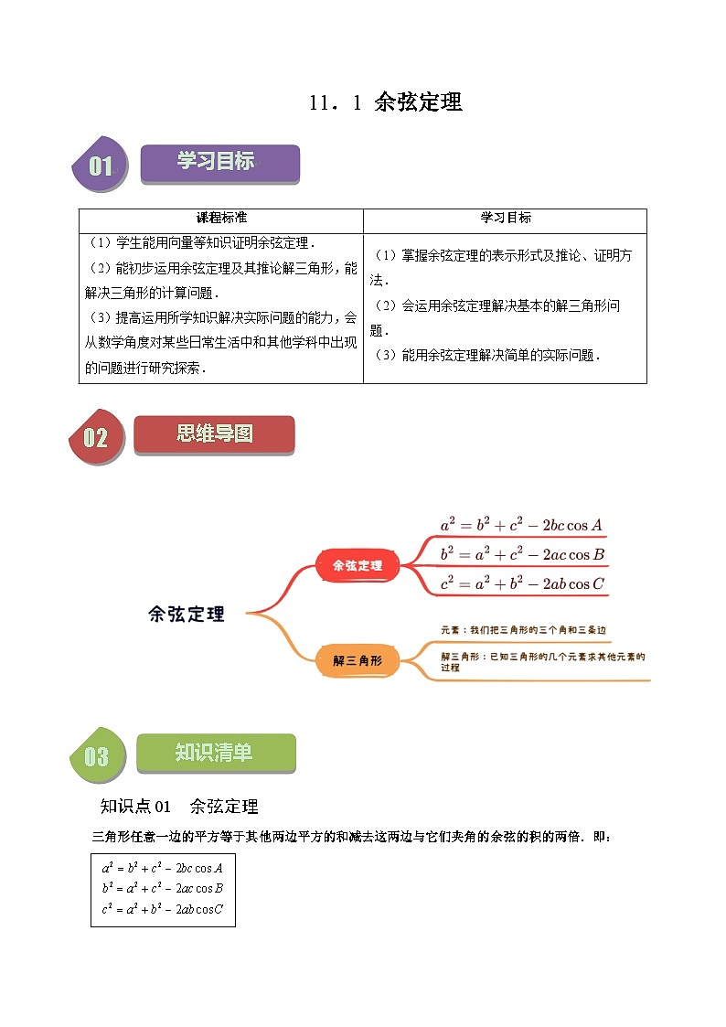 11.1 余弦定理（五大题型）练习 高中数学苏教版必修二01