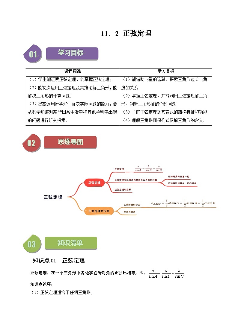 11.2 正弦定理（六大题型）练习 高中数学苏教版必修二01