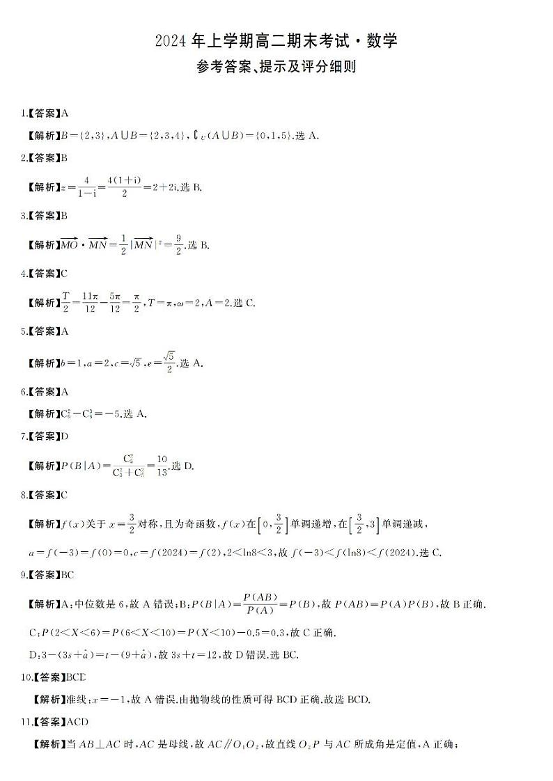 湖南省天壹大联考2023-2024年下学期高二期末联考+数学答案第1页