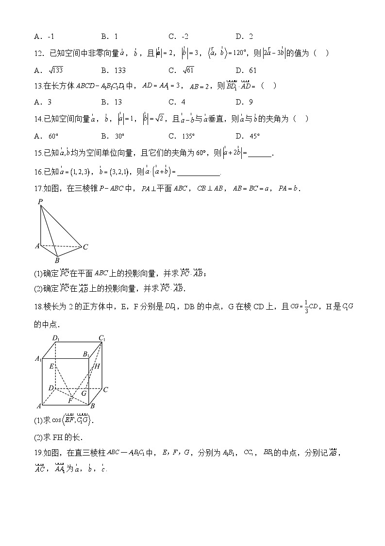 人教A版数学高二选择性必修第一册 1.1.2 空间向量的数量积运算 分层作业03
