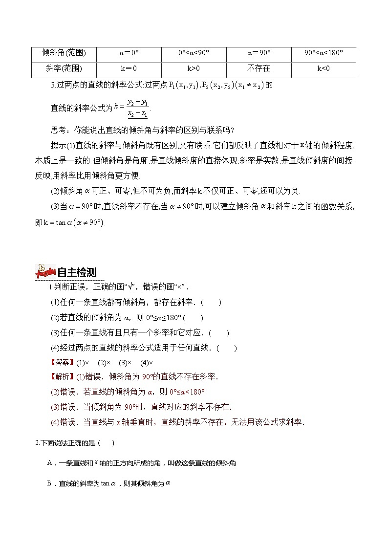 人教A版数学高二选择性必修第一册 2.1.1 倾斜角与斜率 导学案（原卷+解析卷）02
