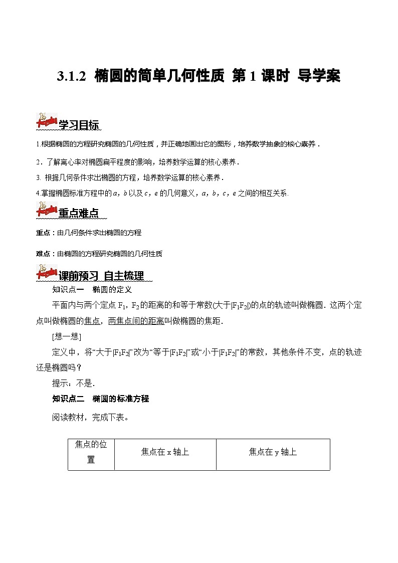 人教A版数学高二选择性必修第一册 3.1.2 椭圆的简单几何性质 第1课时 导学案（原卷+解析卷）01