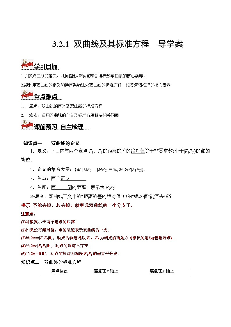 人教A版数学高二选择性必修第一册 3.2.1 双曲线及其标准方程 导学案（原卷+解析卷）01