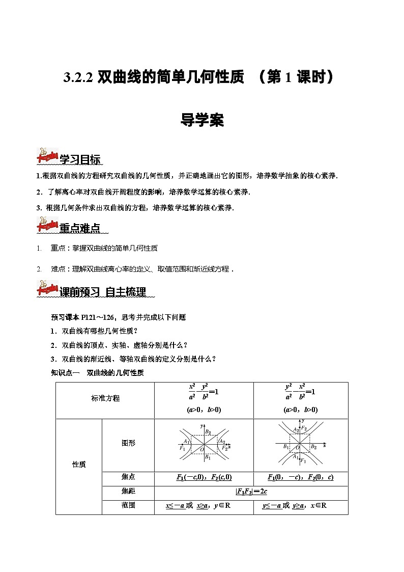 人教A版数学高二选择性必修第一册 3.2.2 双曲线的简单几何性质 第1课时 导学案（原卷+解析卷）01