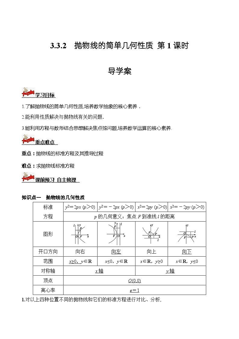 人教A版数学高二选择性必修第一册 3.3.2 抛物线的简单几何性质 第1课时 导学案（原卷+解析卷）01