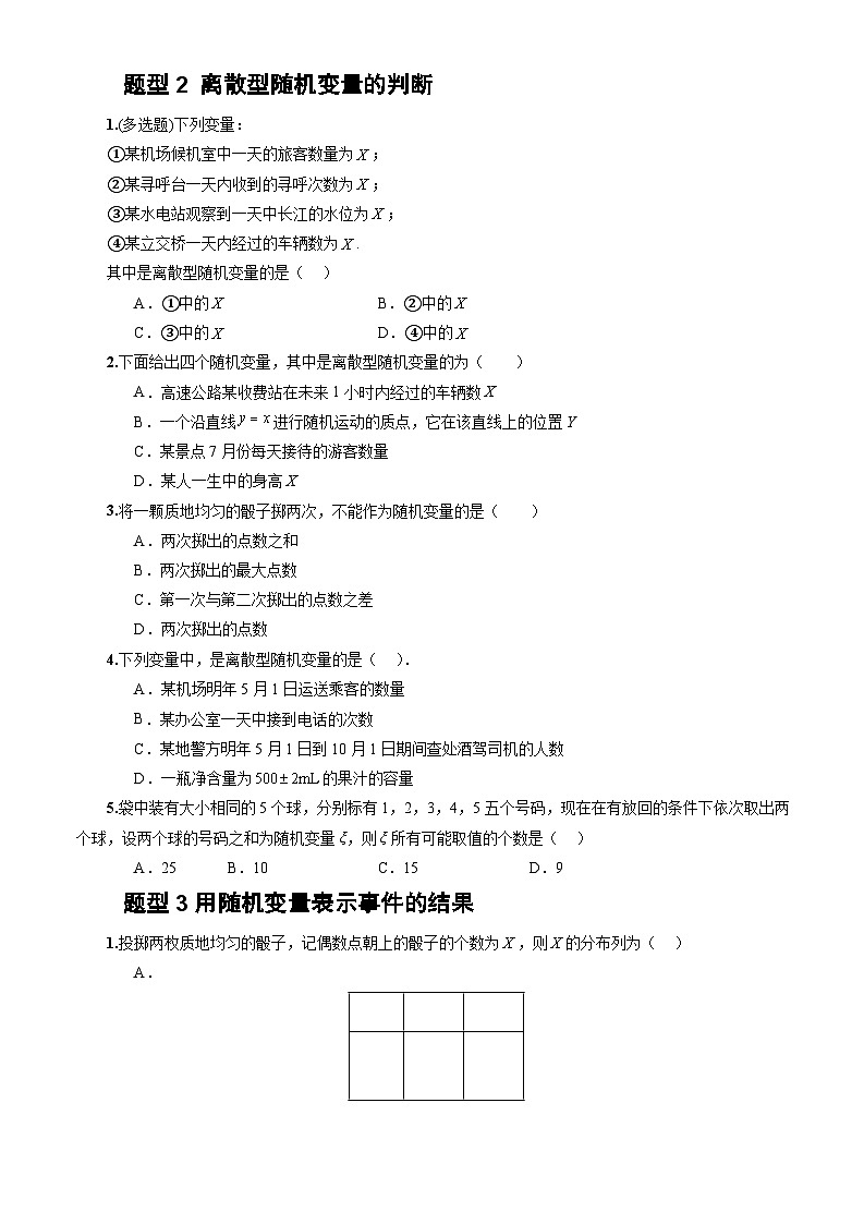 人教A版数学高二选择性必修第三册 7.2 离散型随机变量及其分布列 分层作业02