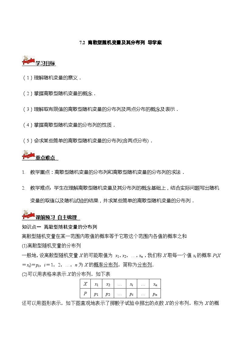 人教A版数学高二选择性必修第三册 7.2 离散型随机变量及其分布列 导学案01