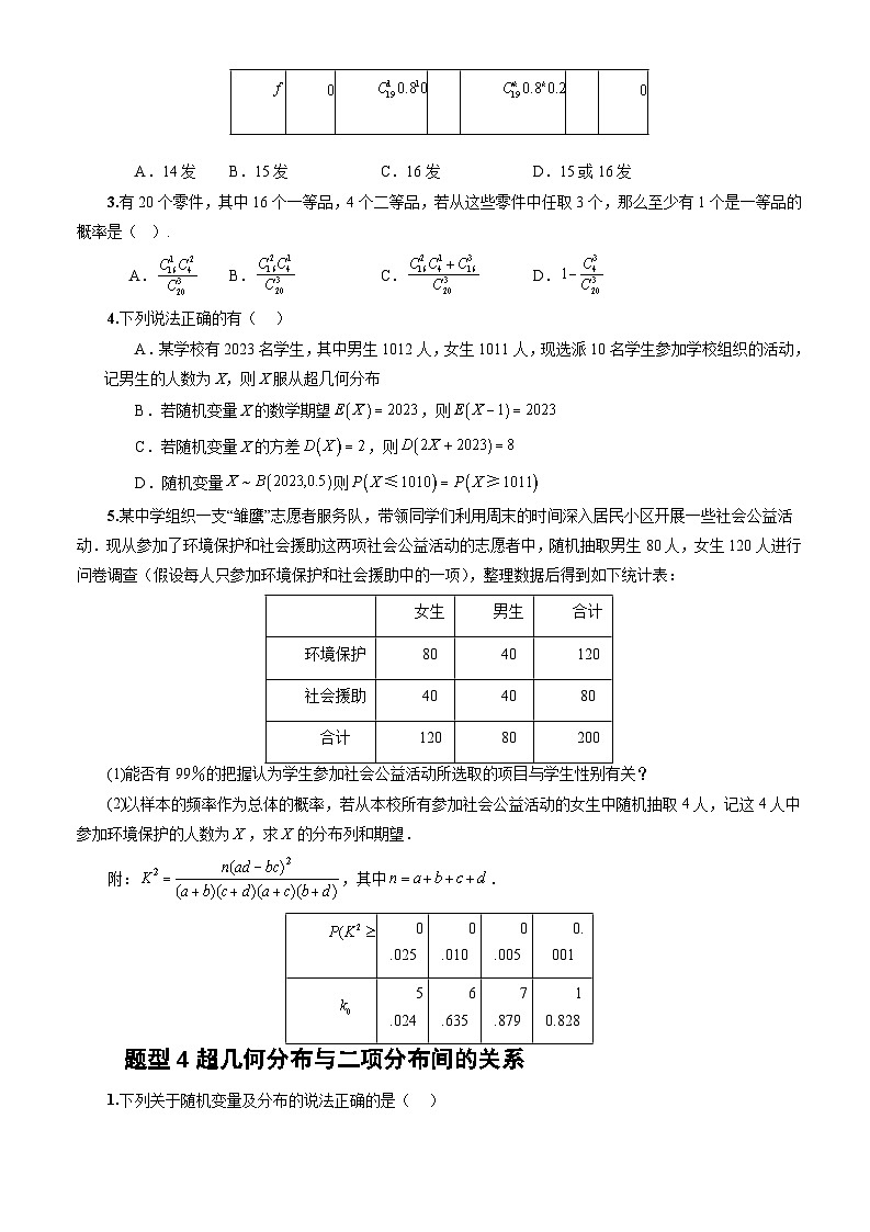 人教A版数学高二选择性必修第三册 7.4.2 超几何分布 分层作业03