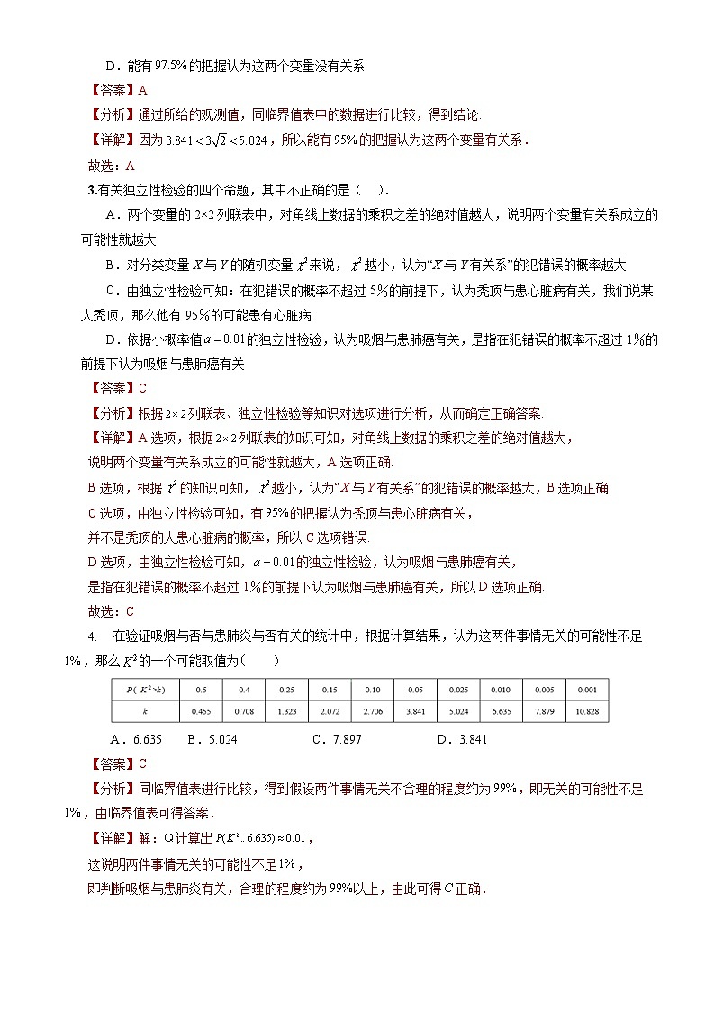 人教A版数学高二选择性必修第三册 8.3.2 独立性检验 分层作业02