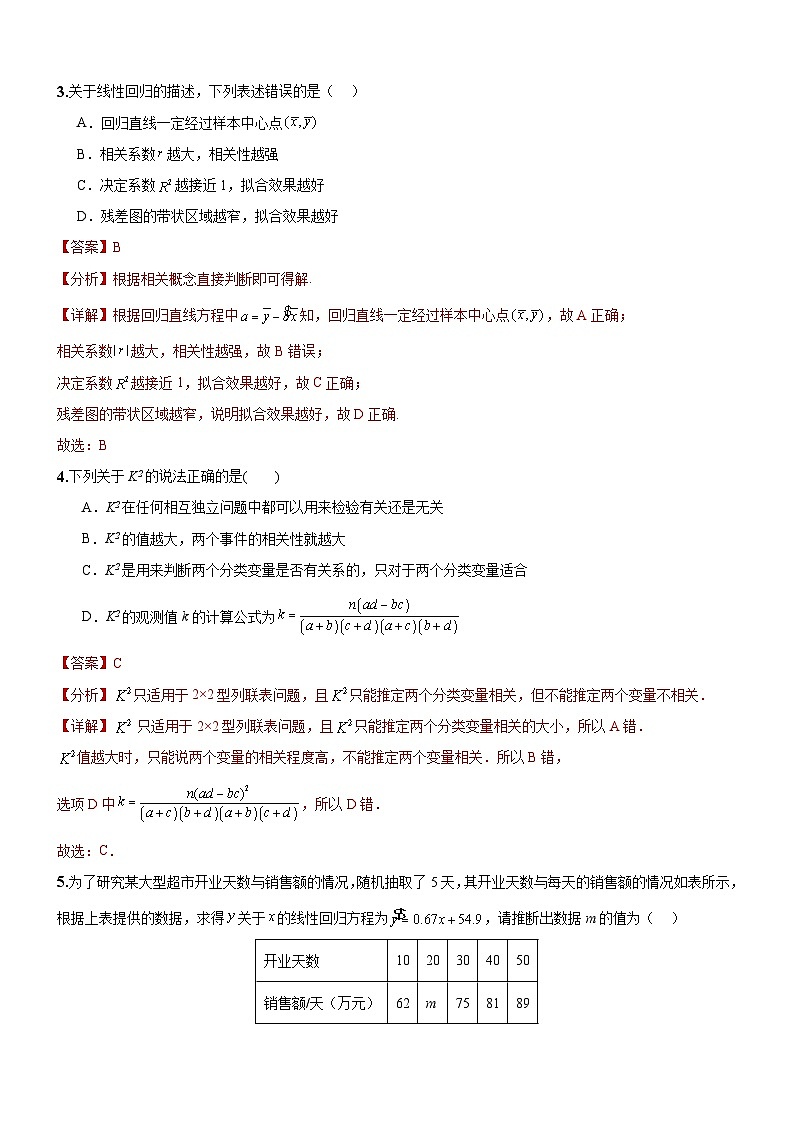 人教A版数学高二选择性必修第三册 第八章 成对数据的统计分析 单元测试（解析版）02
